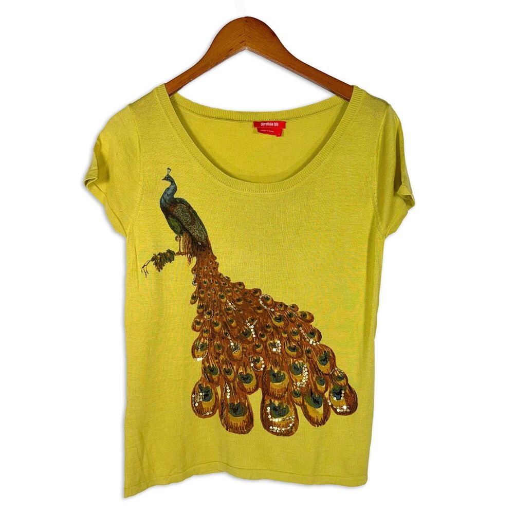 Y2K Dorothee Bis Peacock Silk Blend Sweater Yellow Beaded Sequin Graphic Top L